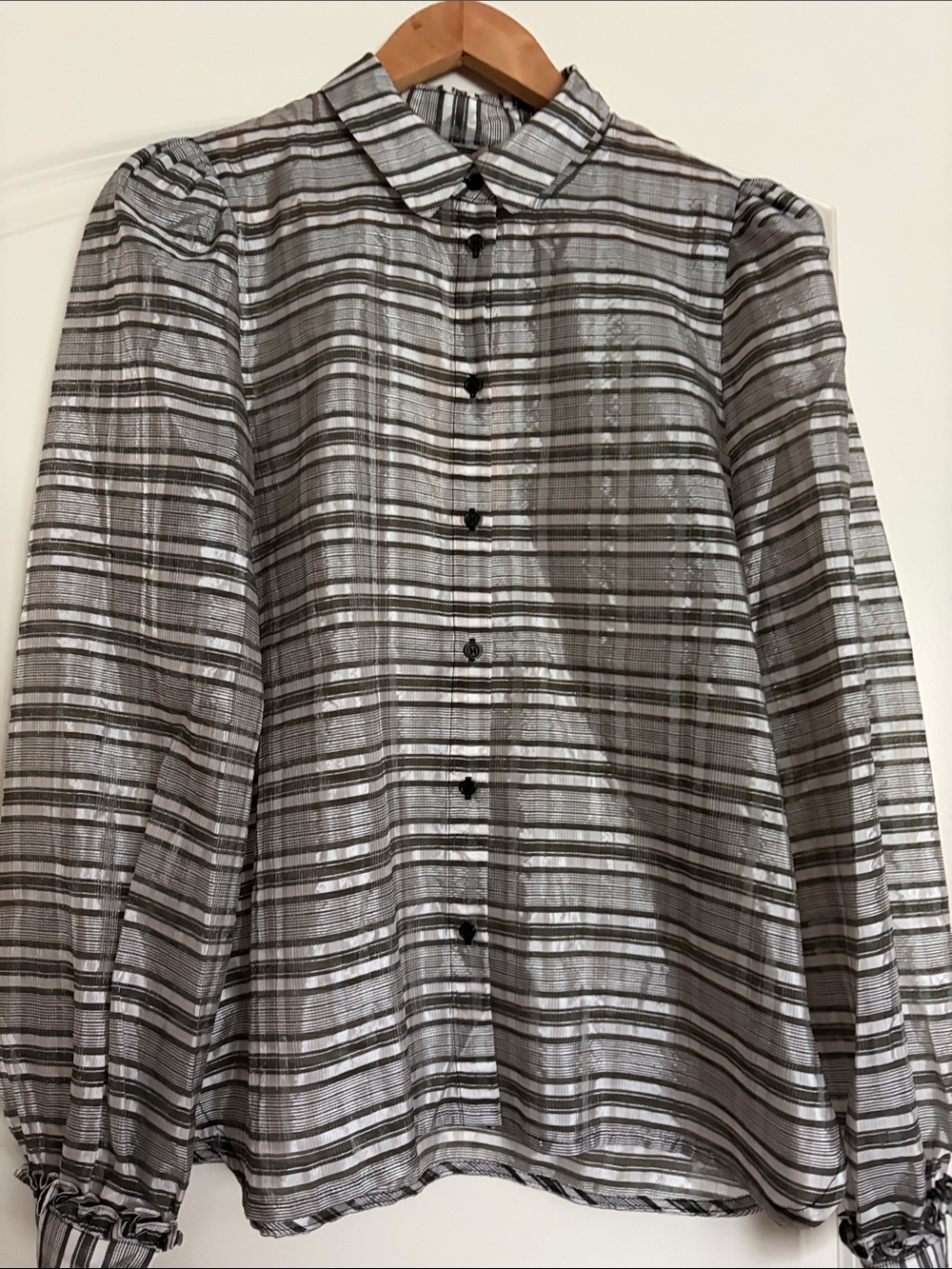 Stella Nova Metallic sheer Striped Button-Up Blouse - Silver & Black